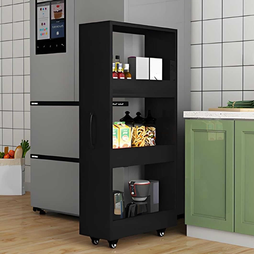 Carrello portaoggetti sottile a 4 ripiani in legno con ruote, salvaspazio, per sala da pranzo, nero, 30 x 54,9 x 119,9 cm, versatile scaffale multiuso