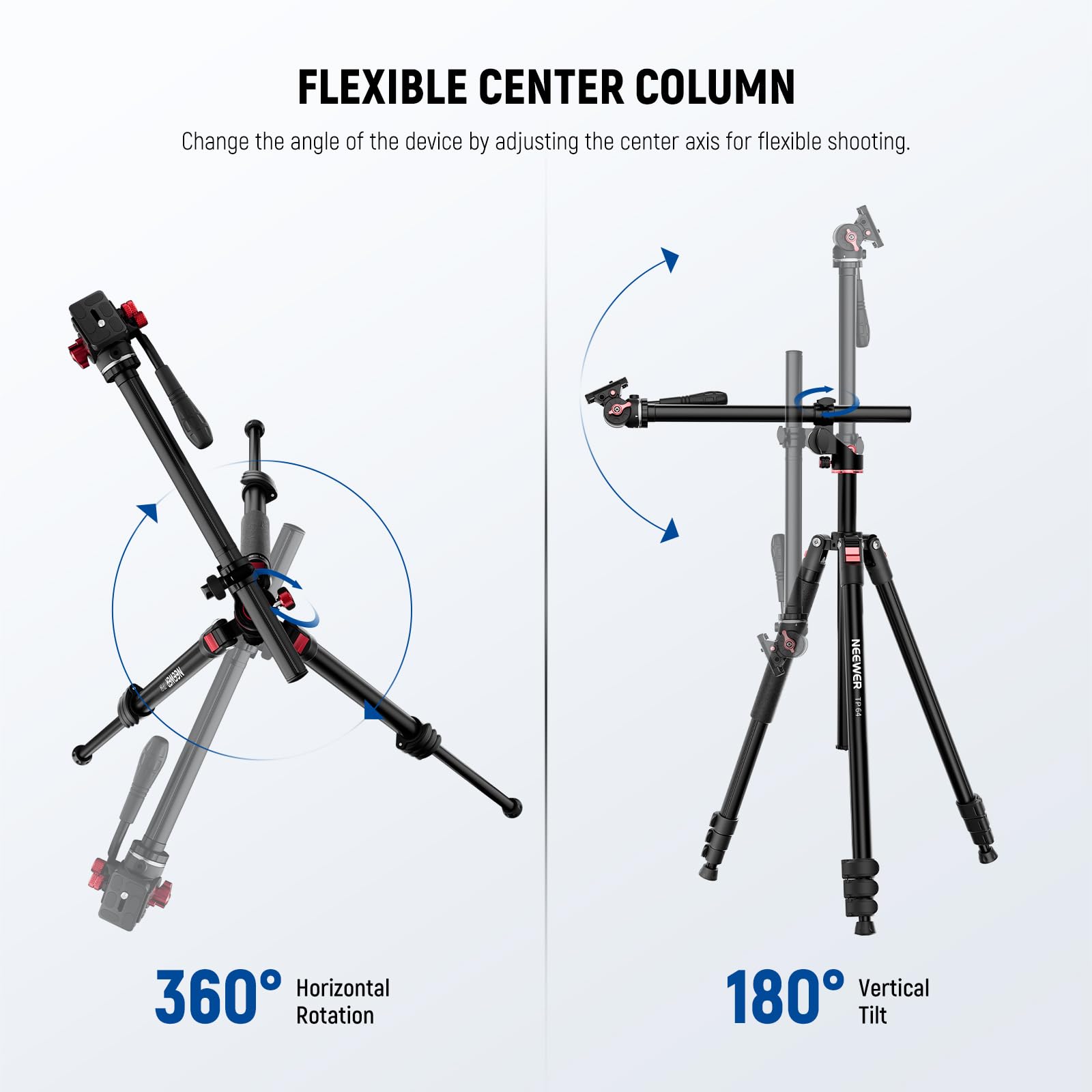 NEEWER Poziomy statyw do kamery górnej, monopod z głowicą płynu i elastyczną kolumną środkową, 90-calowy metalowy stojak podróżny DSLR, płyta QR typu Arca i odwrócone nogi, maksymalne obciążenie 6 kg