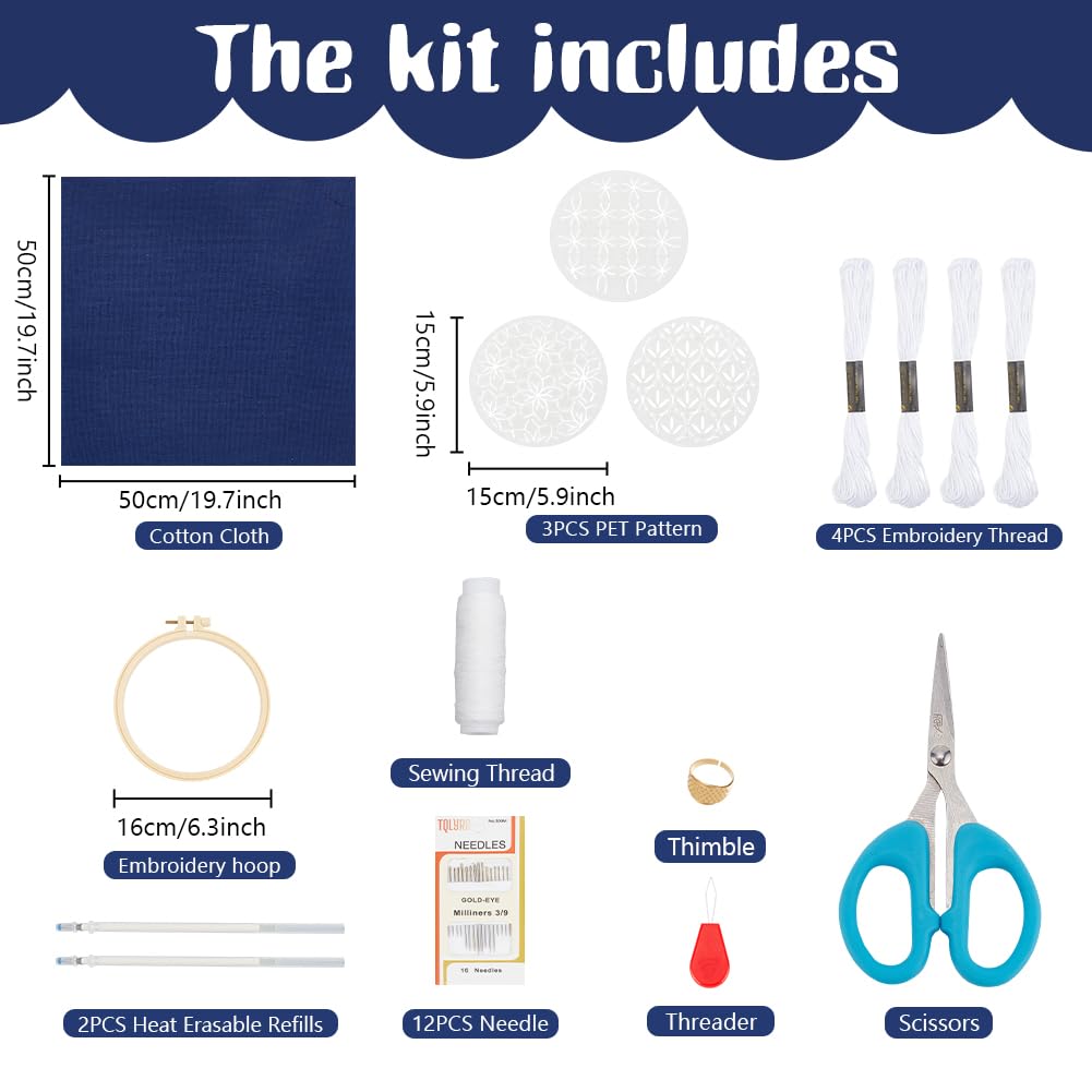 FREEBLOSS 3 Set Sashiko Kit Sashiko Embroidery Kit Beginner Embroidery Kit includes Embroidery Thread, Needles, Fabric and Hoop Embroidery Kits to Learn for Adults Wall Hanging Decor for Home