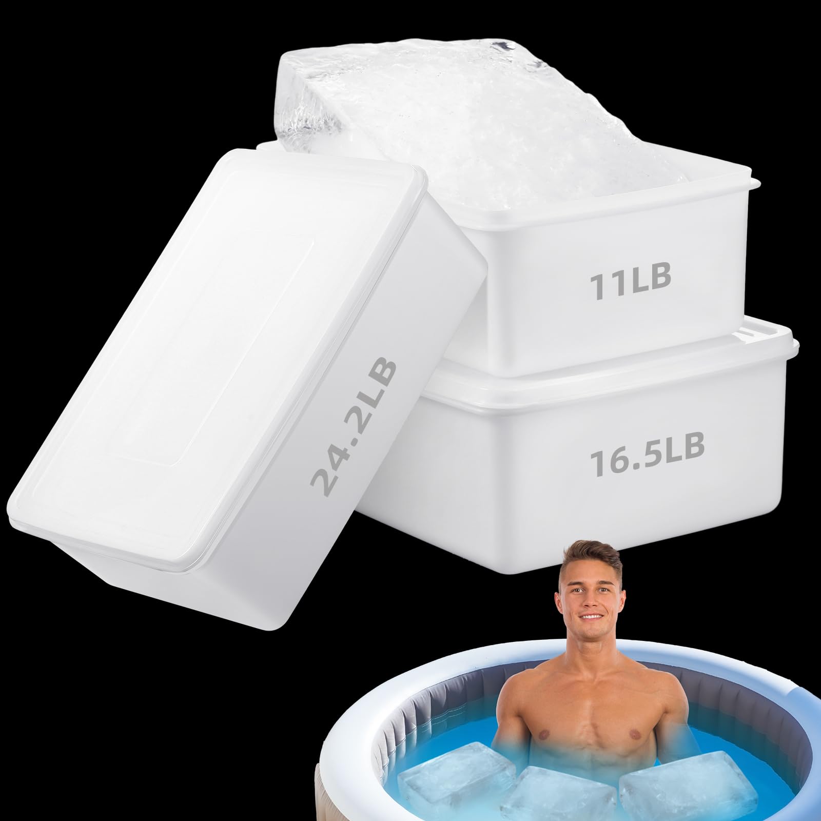 Suclain 3 moldes de bloques de hielo extra grandes con tapas de 11 libras, 16 libras, 24 libras, moldes de hielo grandes, reutilizables, apilables, bandeja para cubitos de hielo grandes para inmersión