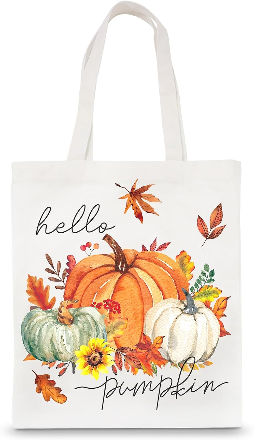 Whaline Fall Canvas Tote Bag Green Orange White Pumpkin Leaves Reusable Tote Bag Hello Pumpkin Goodie Bags for Shopping Market Autumn Thanksgiving Wrapping Storage Supplies Gift for Women