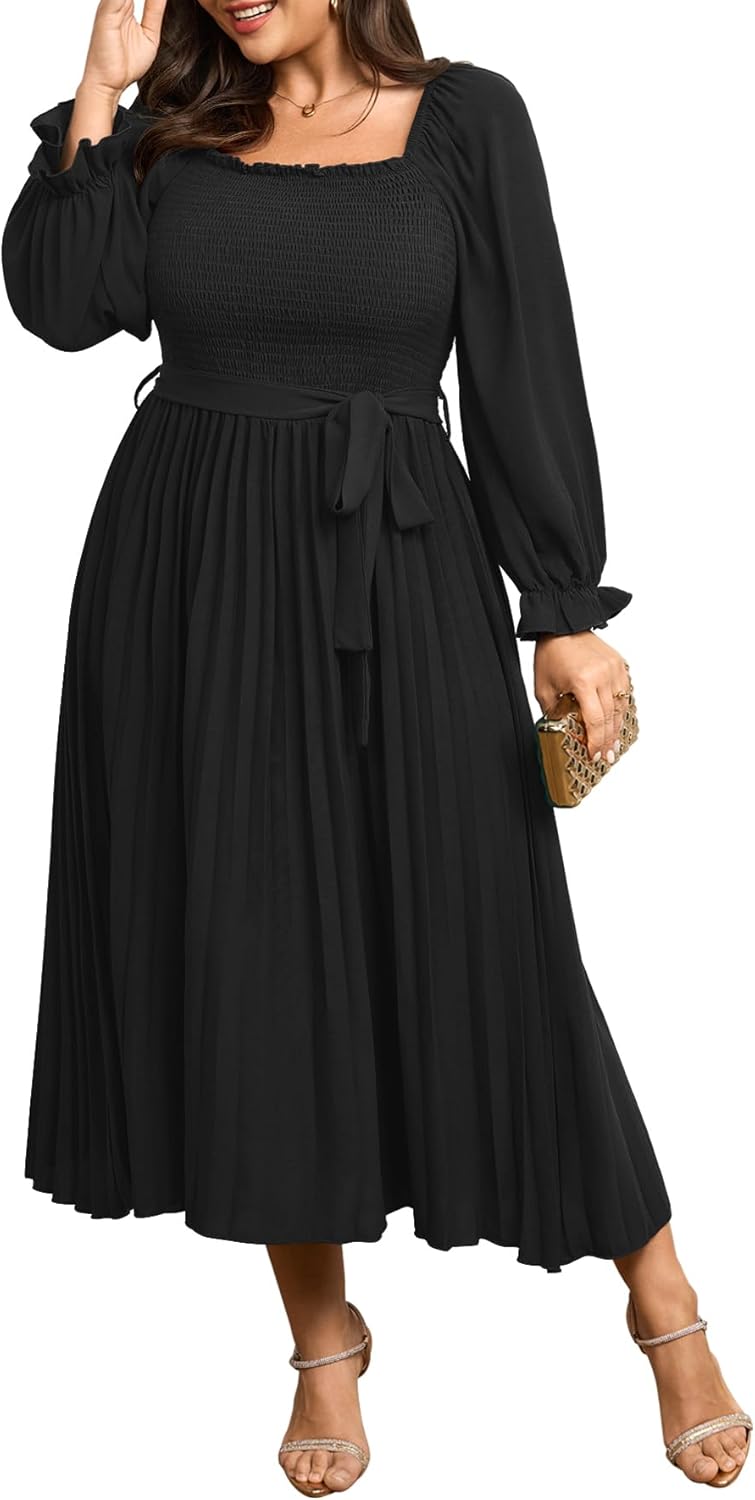 Women's Plus Size Dress Long Sleeve Smocked Square Neck Ruffle Pleated Flowy Wedding Guest Maxi Fall Dress