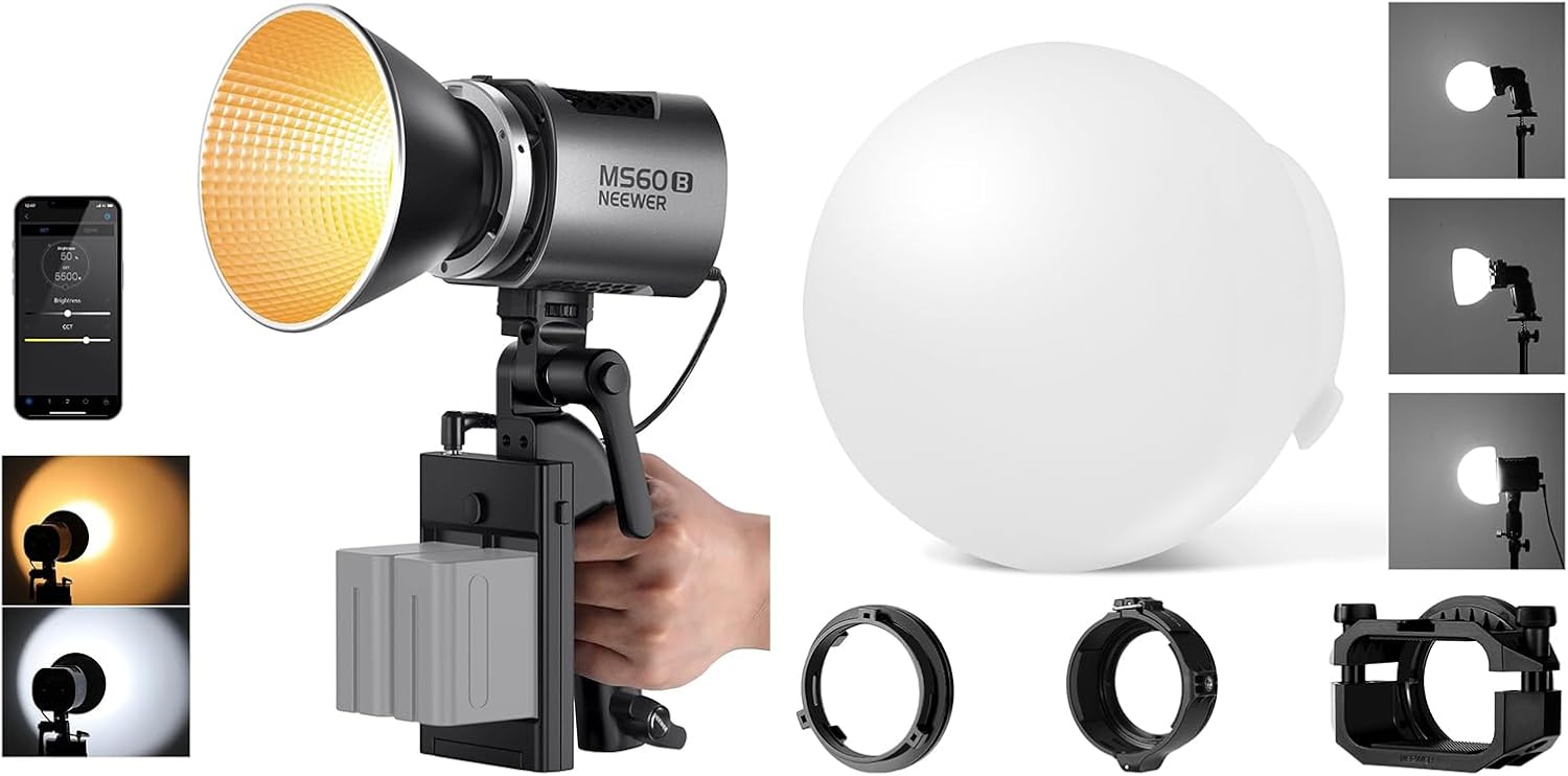 NEEWER MS60B LED Video Light 2.4G/APP Control with CRS6 Softbox Diffusion Dome, 65W Metal Mini Compact COB Continuous Output Lighting Spotlight PWM Dimming, Bowens Mount, Silver
