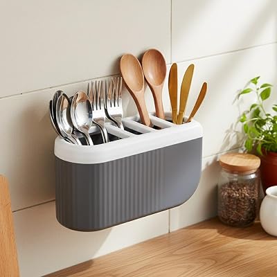 HAPPI Self-Adhesive Wall-Mount Kitchen Cutlery Holder, Knife Stand, Spoon/Fork/Chopstick Storage Rack Organizer Box (4-Compartments)