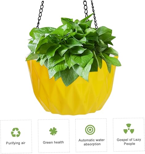 Miniatura 5 de Yardwe Maceta colgante para exteriores, maceta de riego automático amarilla, cuenco de plástico a prueba de óxido, cadena triangular estable