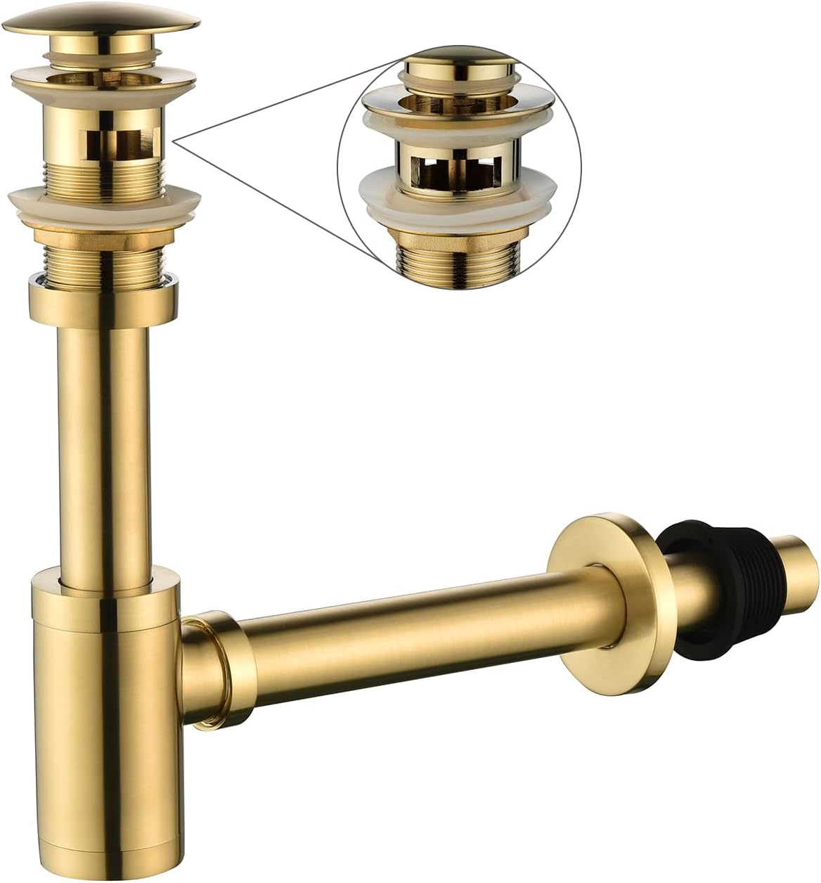 Bathroom Sink Stopper P-Trap Complete Set Adjustable Bottle Trap Solid Brass Sink Drain Kit Tube and Pop Up Drain Stopper Set with Overflow, Brushed Gold