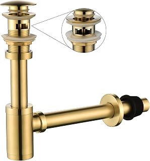 GORDEE Bathroom Sink Stopper P-Trap Complete Set Adjustable Bottle Trap Solid Brass Sink Drain Kit Tube and Pop Up Drain Stopper Set with Overflow, Brushed Gold