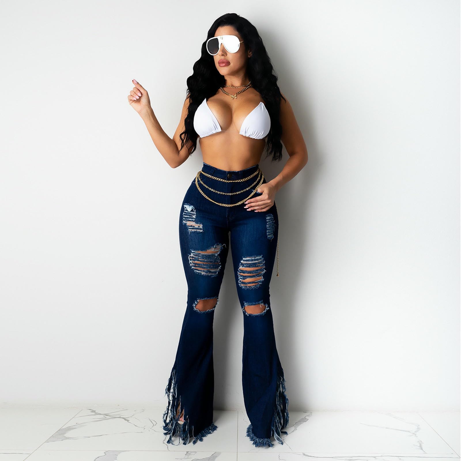 Jeans da Donna Skinny A Zampa D'elefante Elasticizzati Gamba Larga Vita Alta Classici retrò-Blu Scuro-l