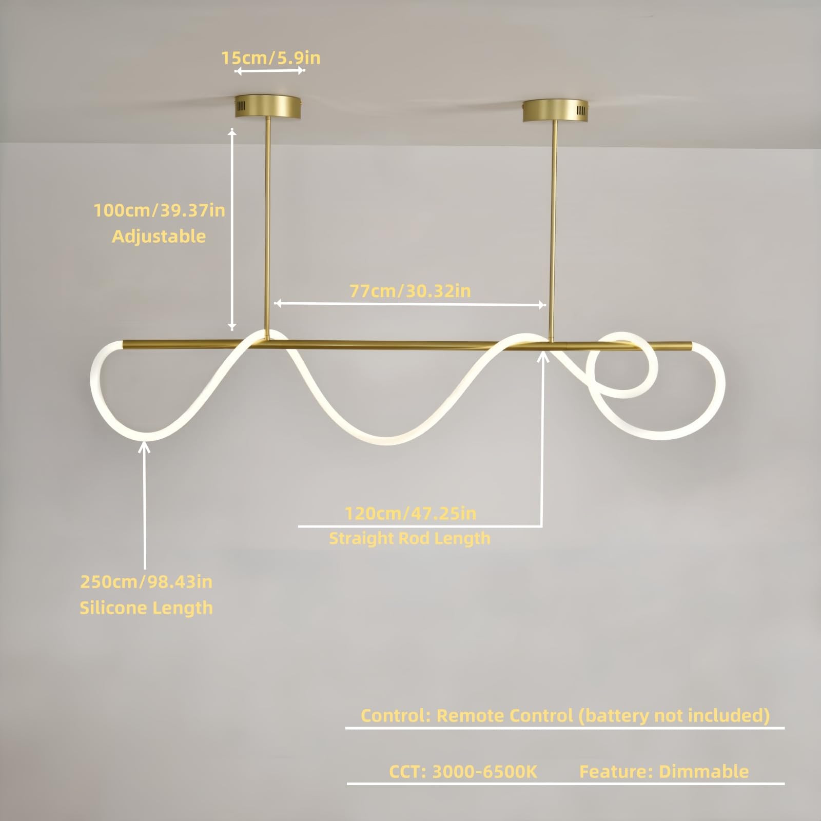 Jsz Pendelleuchte Esstisch, LED Pendelleuchte, Dimmbar Hängelampe Esszimmer 3000K-6500K, Linear DIY Hängeleuchte mit Fernbedienung, 21W Esszimmerlampe Höhenverstellbar Esstischlampe (Gold, 120CM)