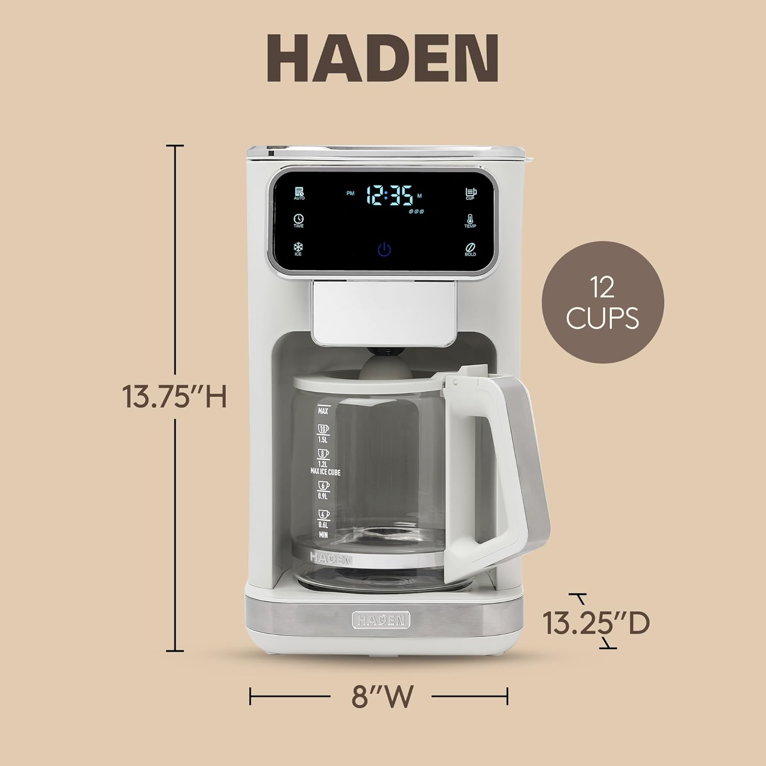 Haden Dual Brew 12 Cup Hot and Iced Coffee Maker with 120 Minute Keep Warm, Delay Brew, Adjustable Strength, Programmable Clock, and Anti Drip, Ivory