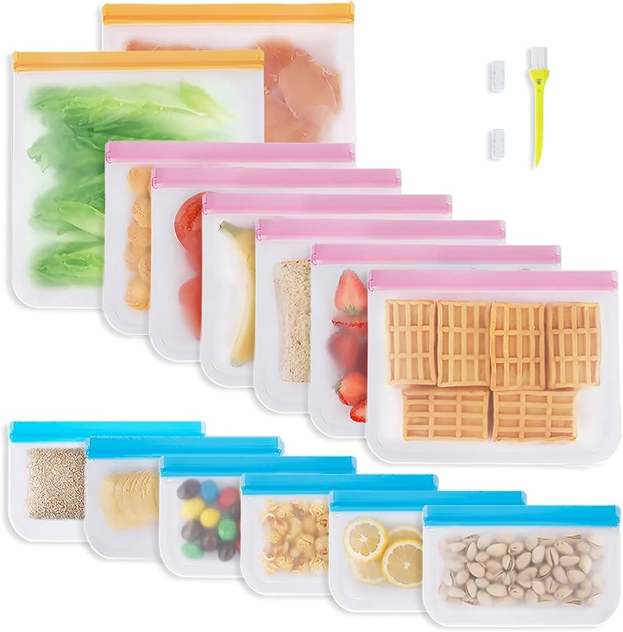 Reusable Freezer Bags, 14 Pack Reusable Food Storage Bags, 2 Reusable Gallon Freezer Bags, 6 Upgraded Large Reusable Sandwich Bags, 6 Resuable Snack Bags, Silicone and Plastic Free