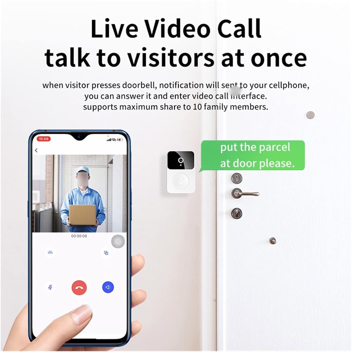 Timbre de Timbre con Pantalla inalámbrica Inteligente, Timbre de vídeo, cámara de visión Nocturna, Timbre de vídeo, monitoreo Interior, convertidor de Voz