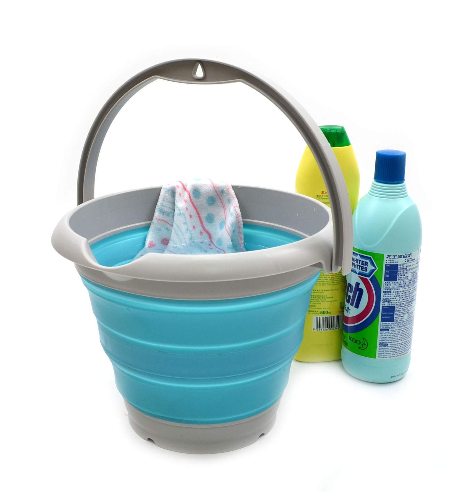 SAMMART Seau en plastique pliable de 5 l - Baignoire ronde pliable - Seau à eau de pêche portable - Pot d'eau d'extérieur peu encombrant (rond de 5 L, gris/bleu vif)