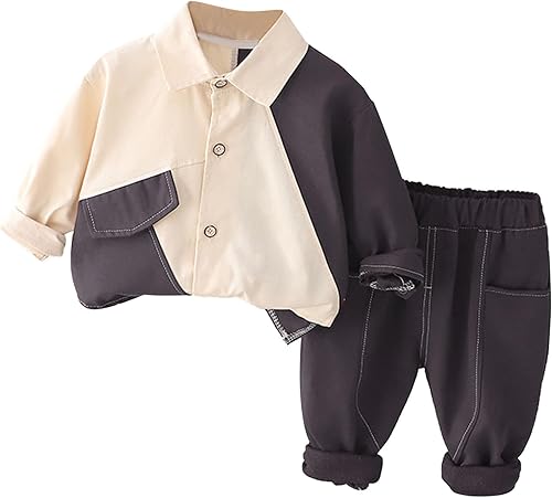 Conjunto de 2 piezas para niños y niñas camisa con botones manga larga blusa pantalones sólidos trajes para niños