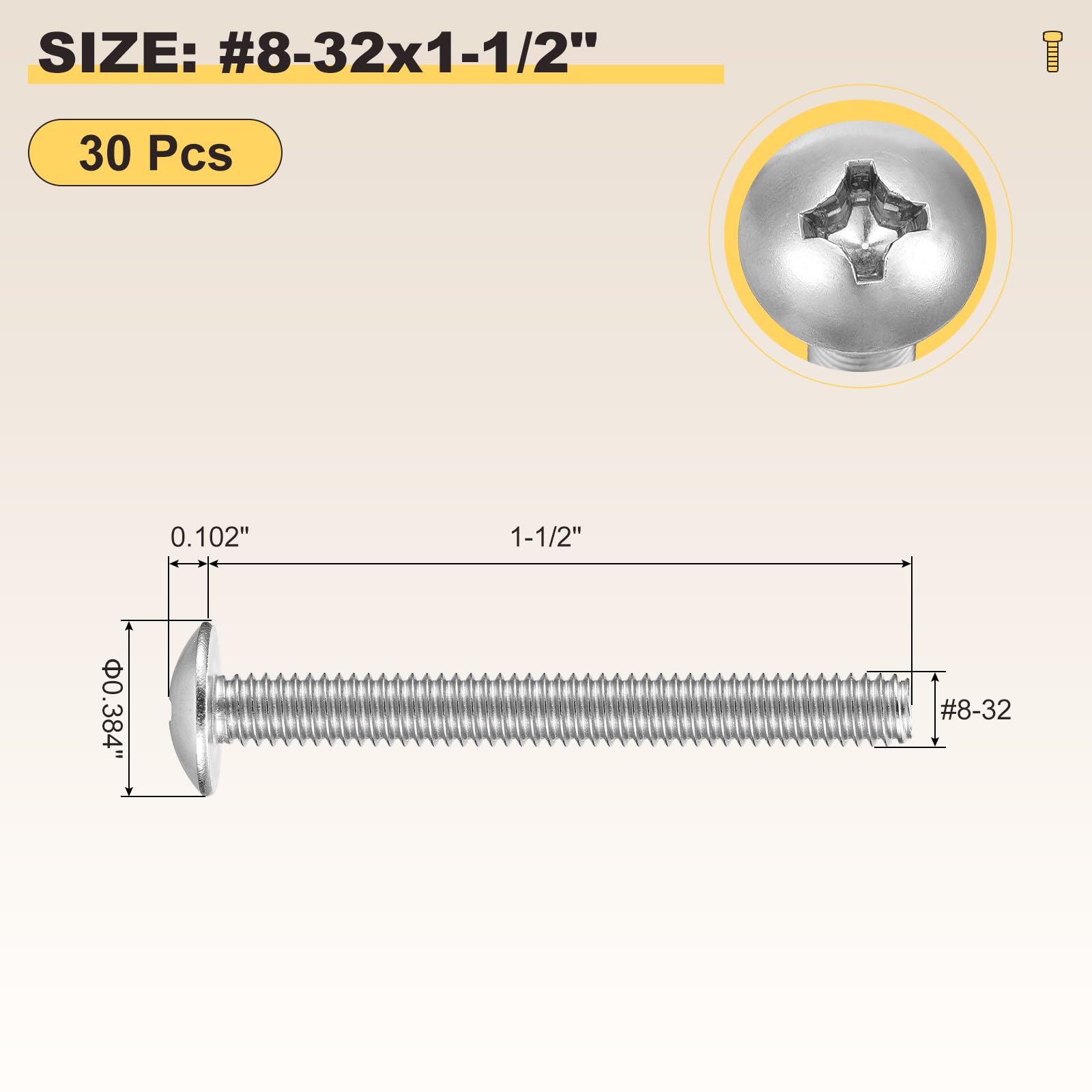 METALLIXITY Machine Screws Phillips Head(#8-32x1-1/2") 30Pcs, 304 Stainless Steel Round Head Phillips Drive Furniture Bolts - Image 2