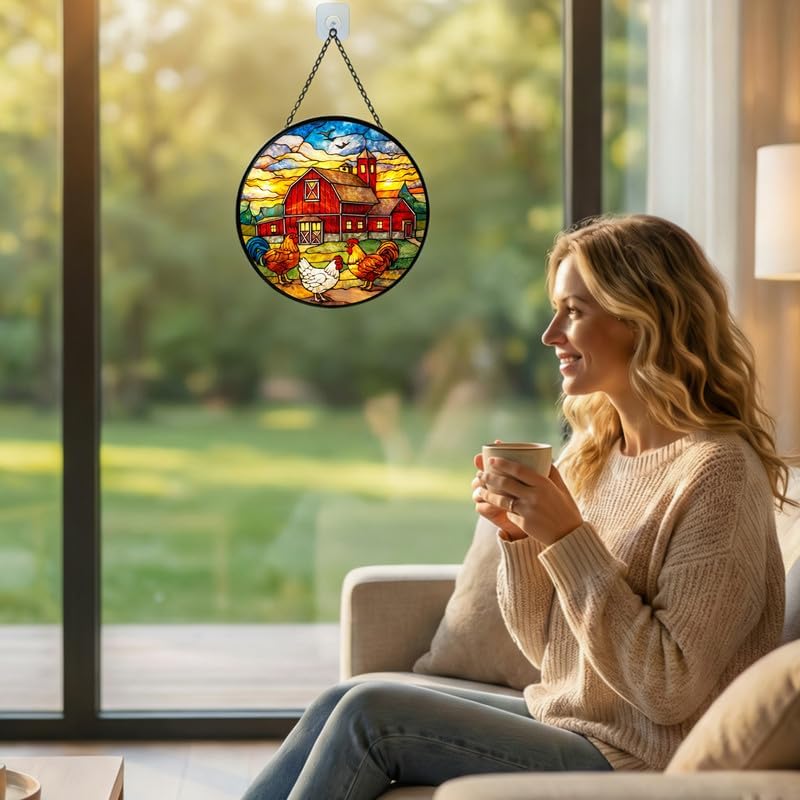 Stained Glass Window Hanging Suncatcher 11.8 in Farm Rooster and Chicken Barn Scene Colorful Glass Panel Sun Catcher for Window,Window Hanging Decor for Home,Housewarming Gift