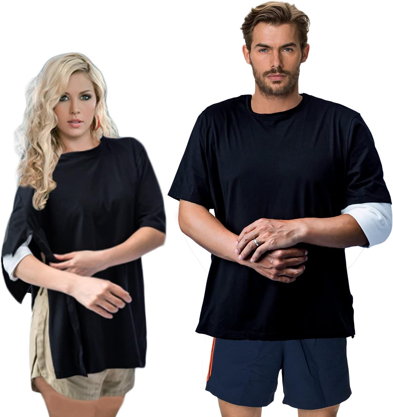 Uni-Sex Post Shoulder Surgery Shirt & Rehab Shirt with Stick On Fasteners, Convenient and Quick (US, Alpha, Medium, Regular, Regular, Black)