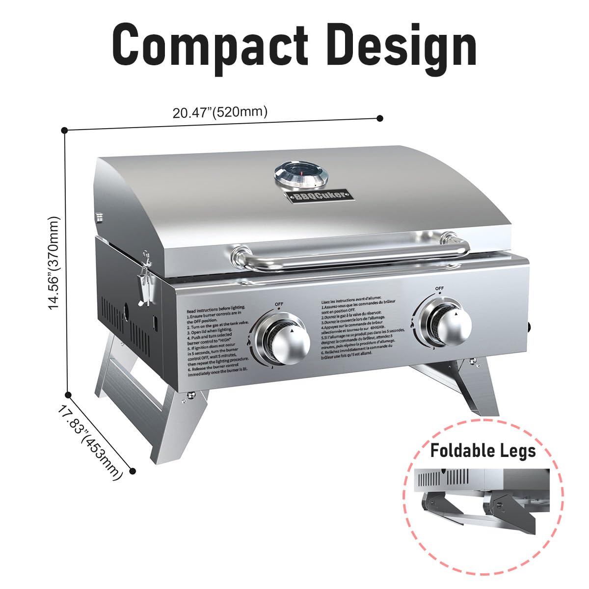 BBQCuker Griglia a gas propano portatile a 2 fuochi da tavolo con gambe pieghevoli per campeggio all'aperto cucinare due bruciatori da 10.000 BTU in acciaio inossidabile e termometro integrato stile