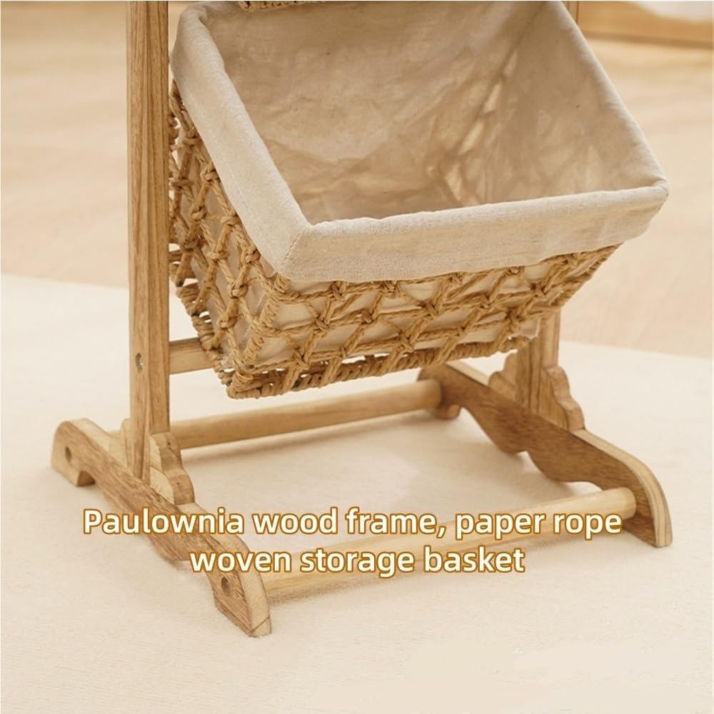 3-poziomowy wiklinowy kosz Sto z drewnem, stojak podłogowy, zdejmowane wkładki i skórzana strona, uchwyt na owoce i przekąski do kuchni, salonu (35 cm dł. x 35 cm szer. x 102 cm wys.)