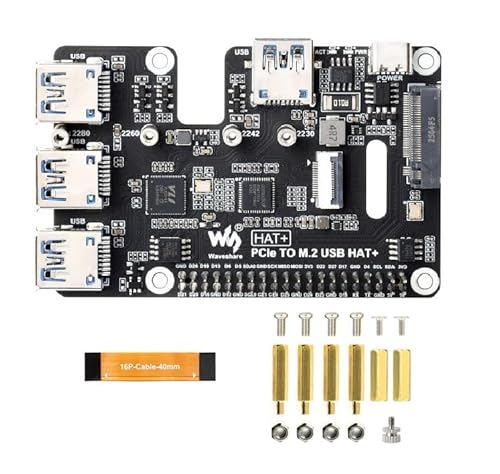 Raspbery Pi 5用 PCIe to USB 3.2 Gen1 および M.2 HAT、NVMeプロトコルソリッドステートドライブをサポート、4チャネルUSB 3.2ポートを拡張、高速読み取り/書き込み、HAT+標準(PCIe TO M.2 USB