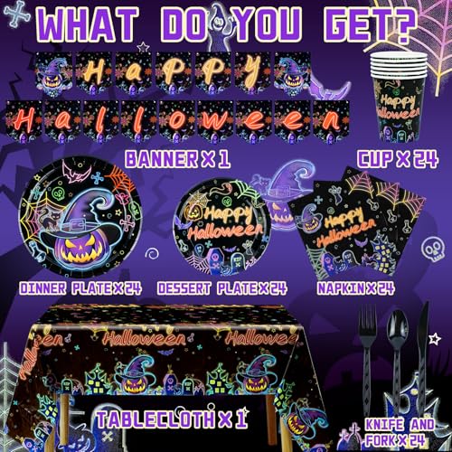 Oceanwings HD 170Pc Halloween Party Plates Supplies Kit Glow In The Dark Party Decorations Tableware Set With Disposable Plates,Napkins,Cups,Birthday Flag And Touchdown Tablecloth thumb #1