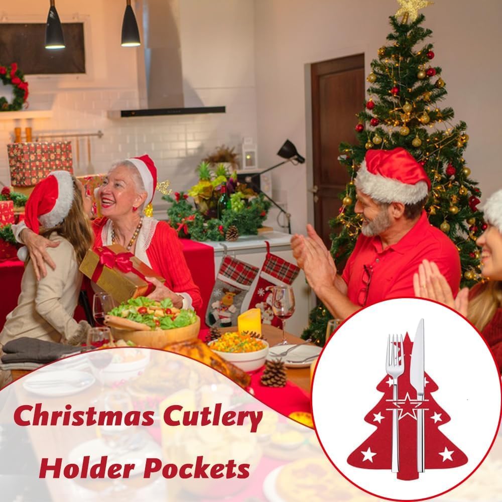 12 Porta Cubiertos Navideños De Fieltro Con Forma De Estrella - Decoración De Mesa Roja, Reutilizables
