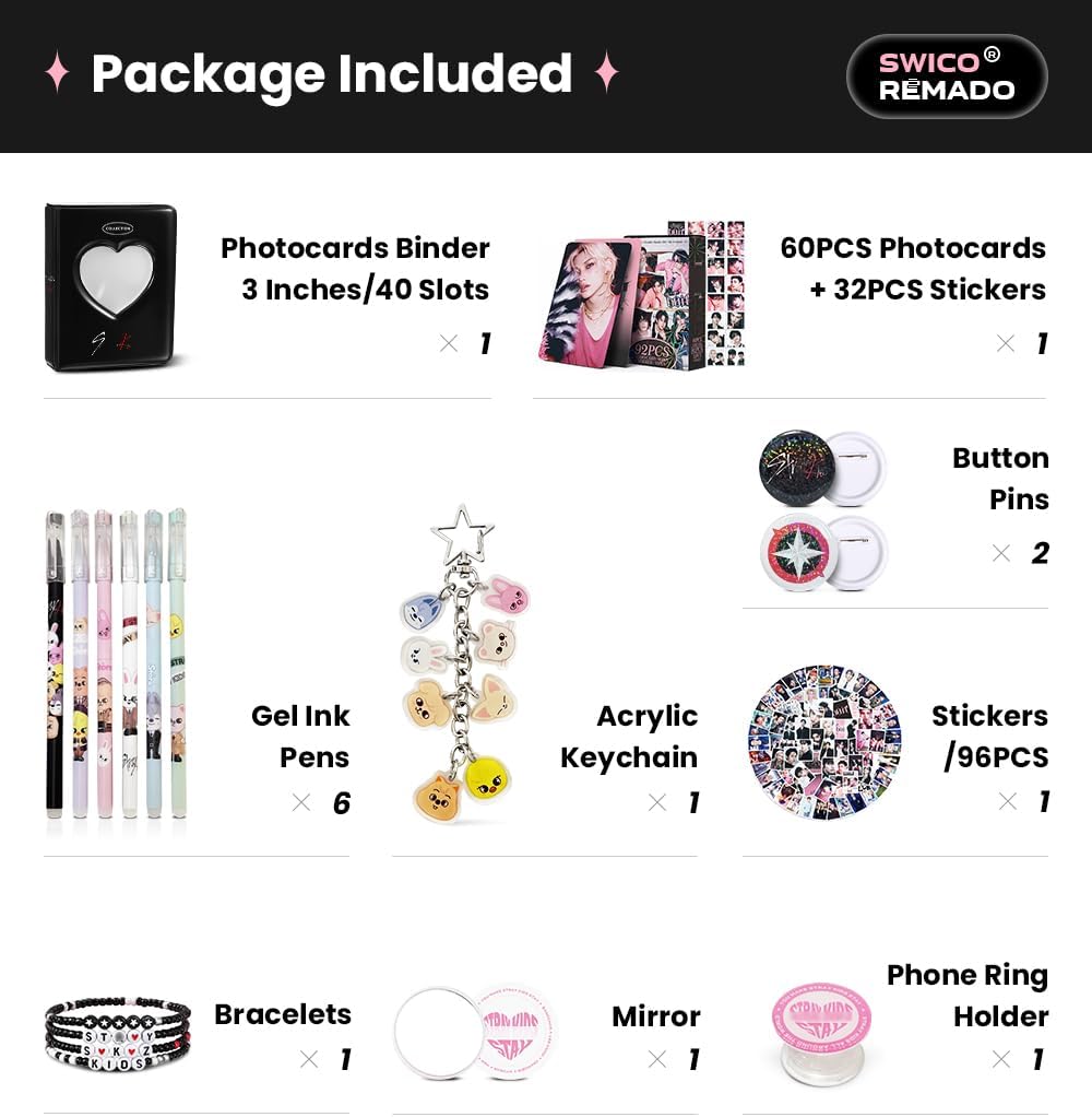 Swico Remado Album Merch Gift Box Set, Including 60 Photocards, 96 Stickers, 3 Inches Photocards Binder, 4 Bracelets, Mirror, 2 Button Pins, Keychain, Phone Ring Holder and 6 Pens for Stay Music Fans