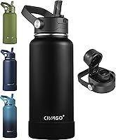 CIVAGO 32oz Insulated Stainless Steel Water Bottle with Straw & Chug Lids, Leakproof, 24hr Cold, Dishwasher Safe Black