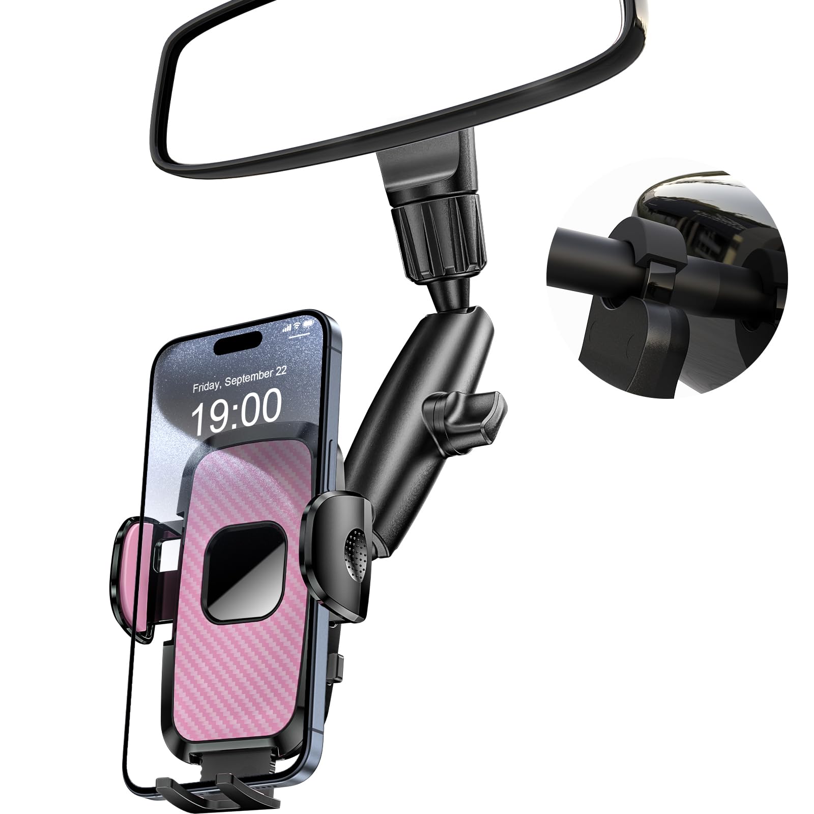 JDHDL Rear View Mirror Phone Holder, 360° Rotating Car Phone Holder Mount Compatible with All 4-7 Inch iPhone and Android Cell Phones (Pink)