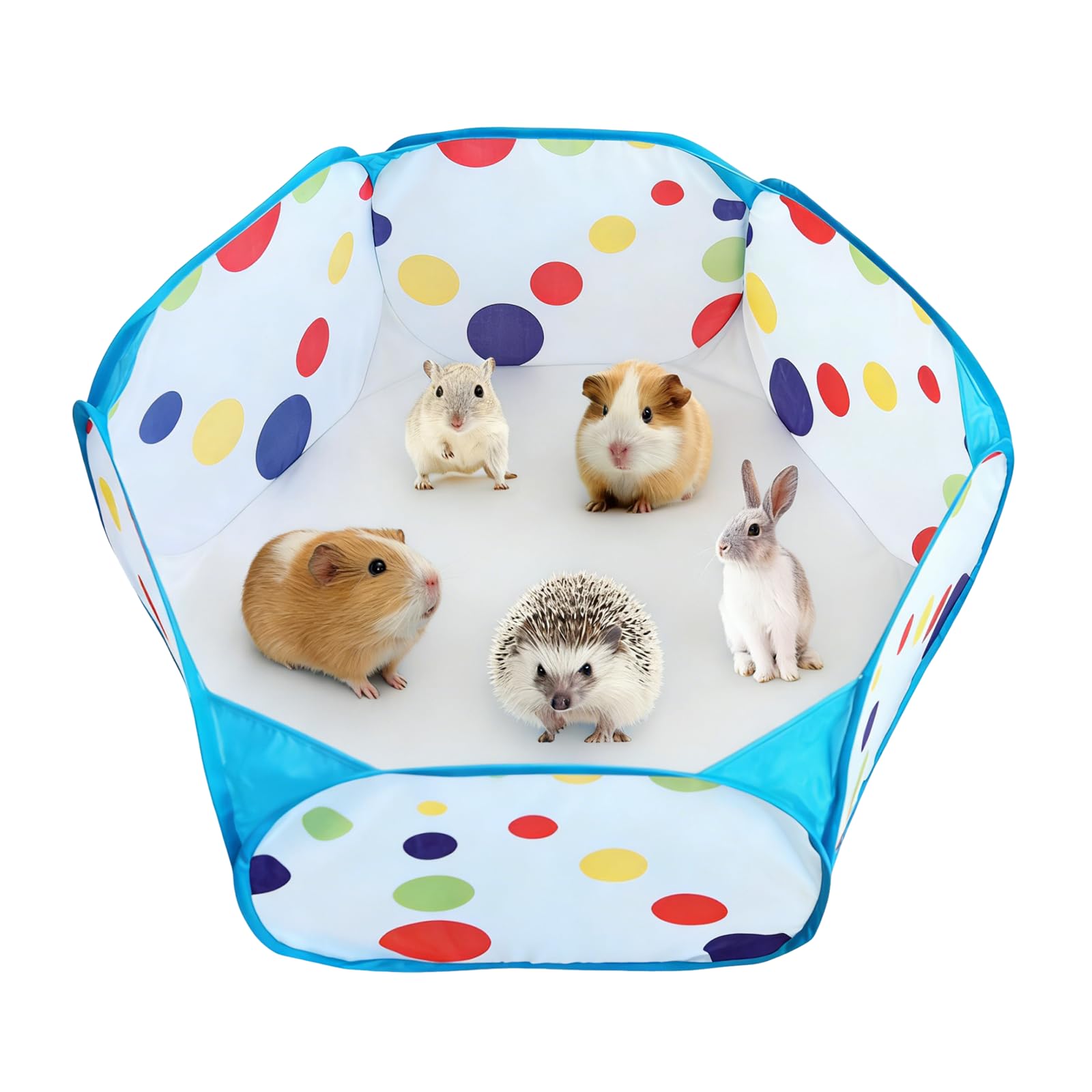 Hamster Playpen, Pop Up Play Pen, Foldable Small Animal Playpen, Rainbow Dots Portable Exercise Fence for Guinea Pig, Rabbit, Chinchilla & Hedgehog (Blue) ﻿