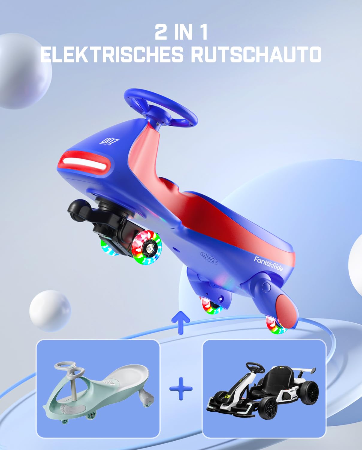 FanttikRide N7 Pro Kinder Elektroauto, Elektrisches Rutschauto mit Pedal, Typ C aufladbar Batterie Kinder Auto, 2 Geschwindigkeit Kippschutz Leuchtende Räder, Bluetooth, für Kind ab 3 Jahren, Blau