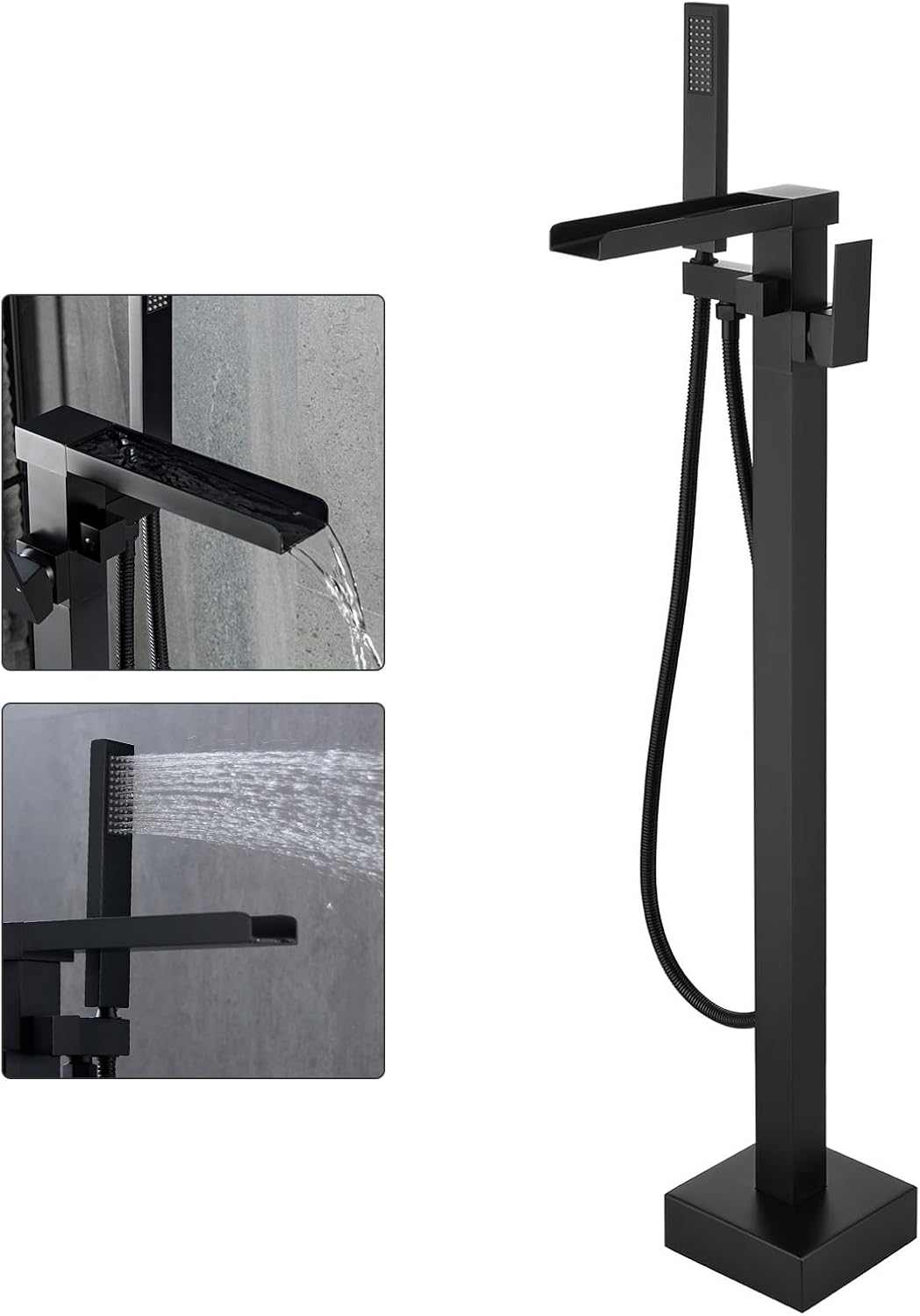 Freestanding Bathtub Faucet Matte Black Waterfall Bathtub Faucet Floor Mount Tub Filler Single Handle Bathtub Shower Faucets with Hand Shower Swivel Spout Brass Mixer Tap by BWE