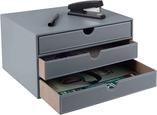 XNONE PU Leather Desk Organizer with 3 Drawers,Executive Office Supplies Desktop Filing A4 File Cabinet/Holder for Jewelry/Bill/Paper/Documents/Makeup Home Decor Stationery Storage Box,Grey