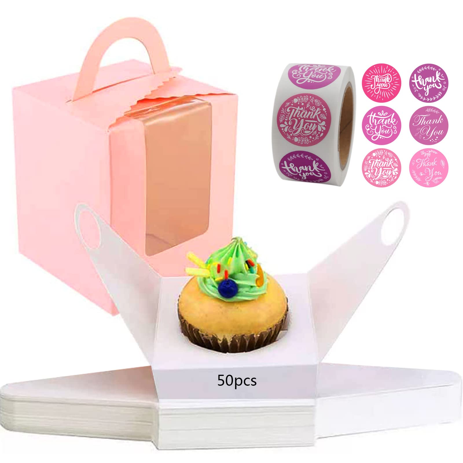 IS MUHE 50Pack Single Cupcake Boxes,Portable Individual Cupcake Gift Boxes Containers Holders Boxes with Window and Inserts for Bakery Wrapping Party Favor Packing (Pink)