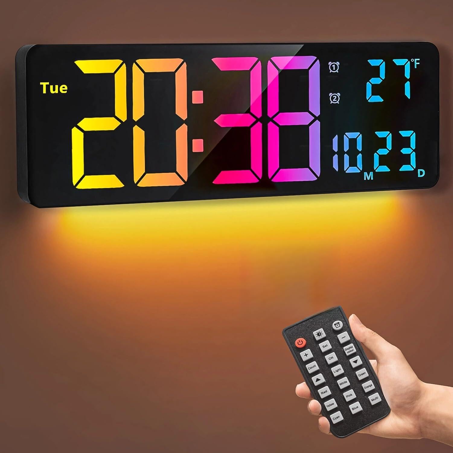 Horloge murale numérique géante 16 pouces avec thermomètre intérieur et minuterie LED RGB