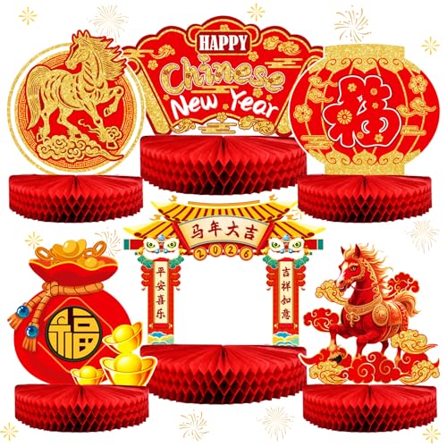 6 Pcs Chinese New Year Honeycomb Centerpieces – Red & Gold Table Topper Decorations, 2026 Year of the Horse Ornaments Signs, Lunar New Year Party Supplies for Asian Spring Festival Celebrations