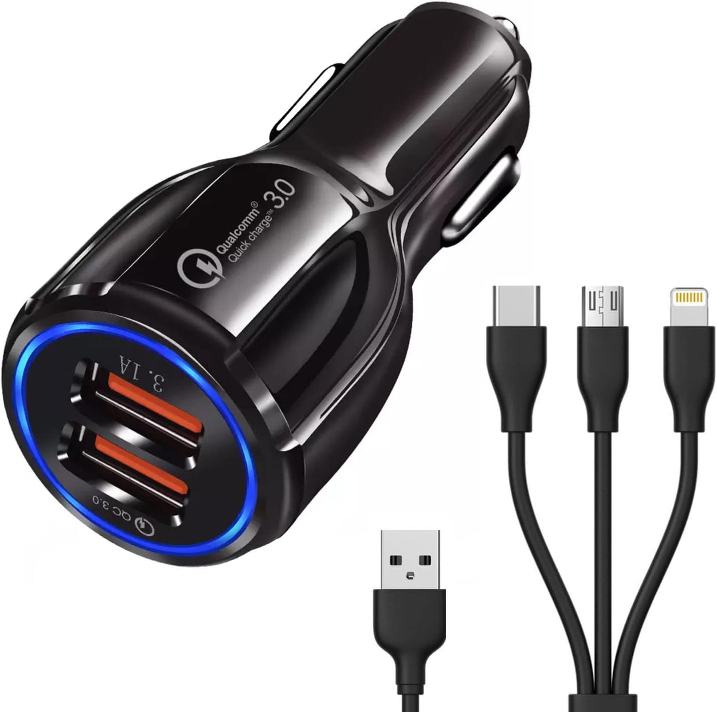Car Charger for Zen Admire Thrill Car Charger Adapter Socket Dual USB Port | Quick Metel Mobile Car Charger with 3-in-1 (Micro/Type-C/iPh) Fast Charging Cable (3.1 Amp, BMQC-5)
