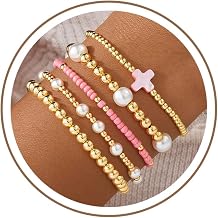 Turandoss Gold Beaded Bracelets for Women, Cross Pearl Ball Bracelet Set