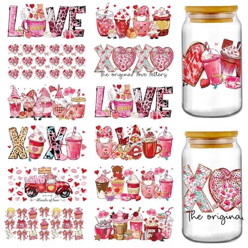 Valentine's Day UV DTF Stickers - 12 Sheets Cute Love XOXO Gnome UV DTF Cup Wraps for 16 oz Glass Tumbler, Red Heart Ice Cream Cold Transfer Decal DIY Water Bottle Decoration Gift for Women Girlfriend