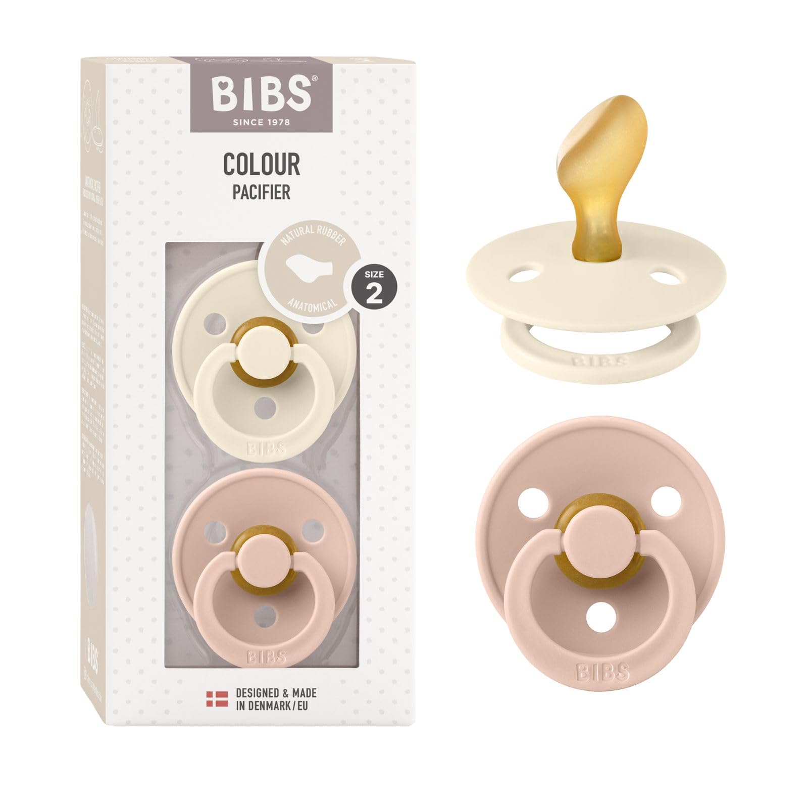 BIBS Colour Anatomical Soother 2-Pack, BPA Free Dummy Pacifier, Orthodontic Nipple. Natural Rubber Latex, Made in Denmark. 6-18 Months (Pack of 2), Ivory/Blush — image 1