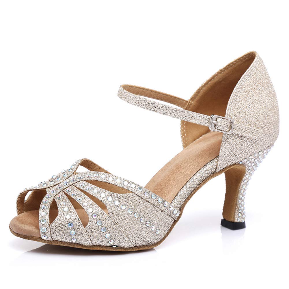 JUODVMP Rhinestone Buty Do Tańca Latynoskiego Satynowe Kobiety Taniec Towarzyski Obcasy Salsa Wydajność Wesele Model YCL430