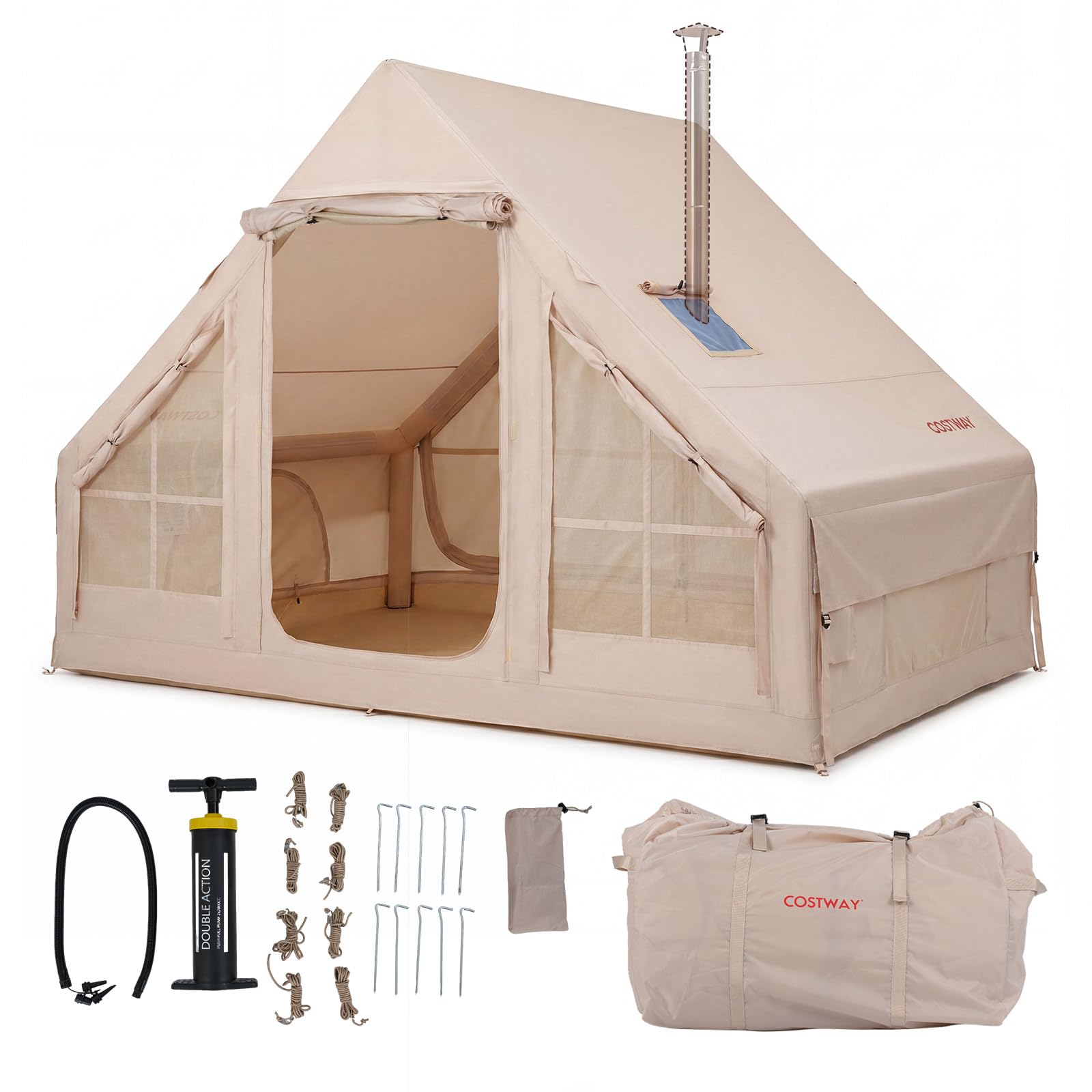 COSTWAY Tente de Camping Gonflable, Grande Tente Portable 4 Personnes avec Pompe à Air Ouverture de Cheminée Port Climatiseur, pour Voyage Camping, 295 x 205 x 200 cm, Kaki