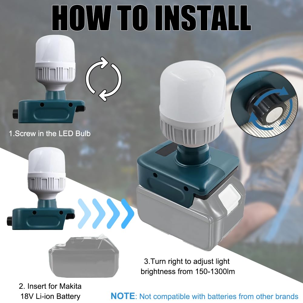 Lámpara de Batería para Makita Batería 18V, Afenau 12W luz de Trabajo con Bombillas E27 Ajustable 350-1300LM, Lámpara Portátil para Obra, Foco de Construcción LED para Batería 18V