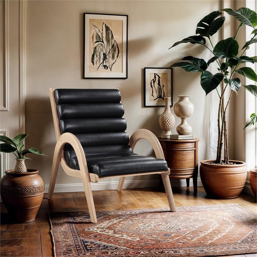 BOWERY HILL Contemporary Vegan Leather Accent Chair, Rich Black Upholstery, Natural Wood Frame, Deep Channel Tufting, Art Deco Style, 30" W x 38.25" D x 40.5" H, Living Room or Office Seating