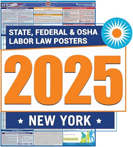 Póster de la ley laboral de Nueva York 2025, estatal, federal, cumple con la OSHA, publicación requerida en el lugar de trabajo para empleados,