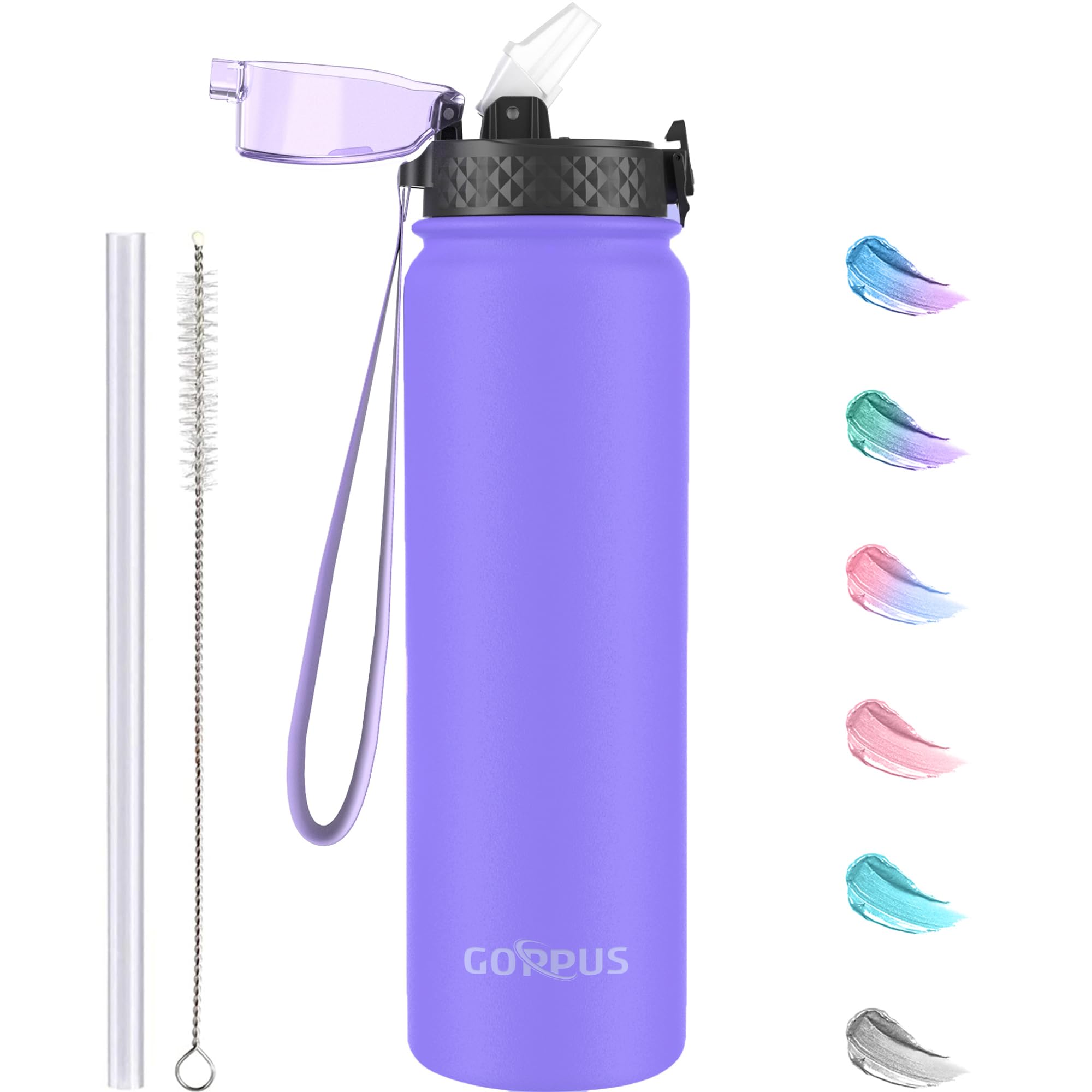 GOPPUS 1L/32oz Stainless Water Bottle with Straw Double Wall Insulated Bottles with Strap Reusable Vacuum Thermal Flask Leakproof Keep Cold Drinks Bottles with Flip Top Lid for Gym Men Women BPA Free