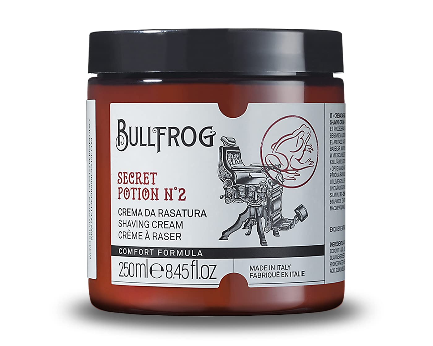 Bullfrog Crema de Afeitar Secret Potion N.2 "Comfort" - Suaviza la Barba - Deja la Piel Fresca y Suave - Notas Especiadas y Ambarinas - Fabricado en Italia - 250 ml