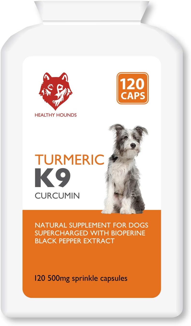 Healthy HoundsTurmeric K9 for Dogs Horses & Pets - 500mg x 120 Capsules - with Natural Curcumin & Bioperine Black Pepper Extract - Inflammatory Response & Joint Care Supplements