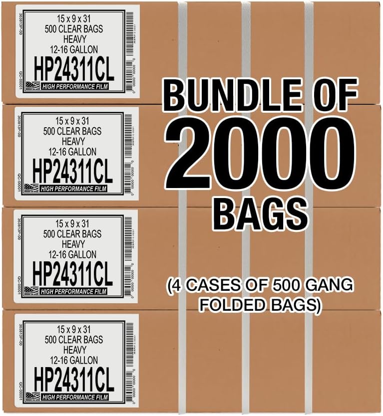 Aluf Plastics 12-16 Gallon 1.0 MIL (equivalent) Thick Clear Heavy Duty Trash Bags - 24" x 31" - Pack of 2000 - For Recycling, Kitchen, Contractor, & Outdoor