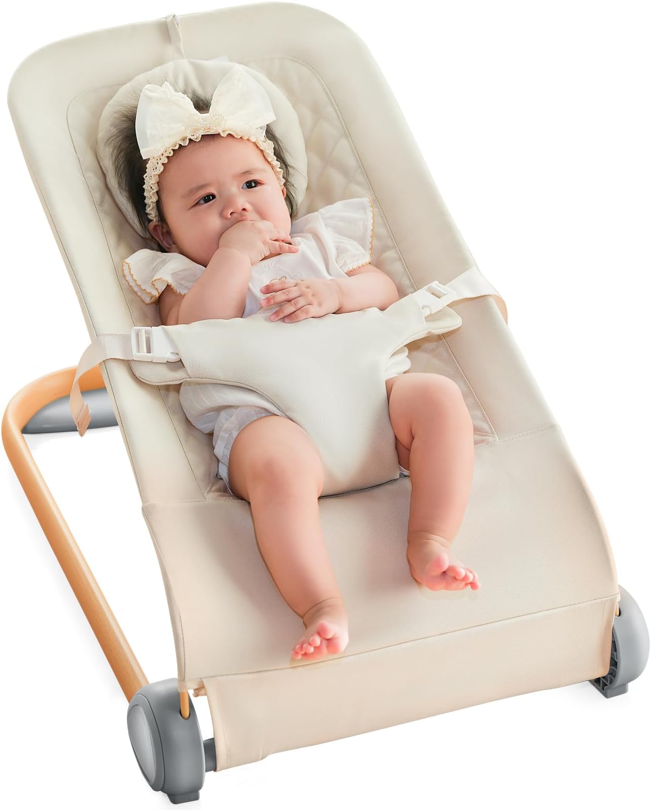 Fodoss Baby Bouncer, Portable Bouncer Seat for Babies, Ergonomic Design Baby Bouncer Chair, Baby Bassinet for Infants, Beige
